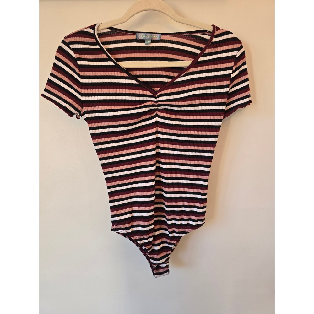 Good Luck Gem Womens Striped Ribbed V-Neck Bodysuit Burgundy Pink y2k